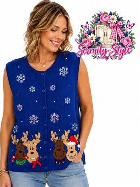 Rebecca Malone Large Blue Christmas Reindeer Snowflake Sweater Vest Vintage